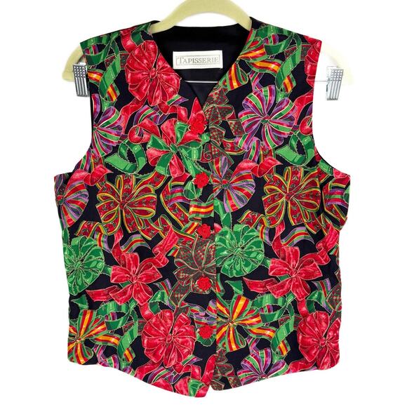 Tapisserie Vintage Cotton Holiday Bow Print Rose Button Up Suit Vest Sz Small - Picture 1 of 11